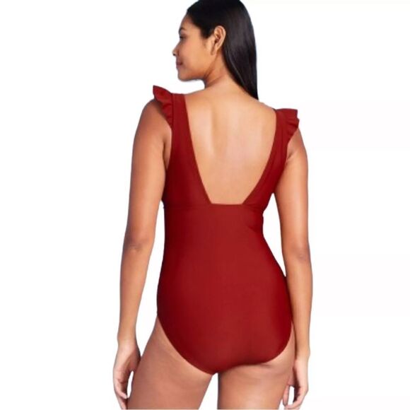 Kona Sol Maroon Ruffle One Piece Swimsuit XLarge High Coverage V-Neck - Picture 2 of 7